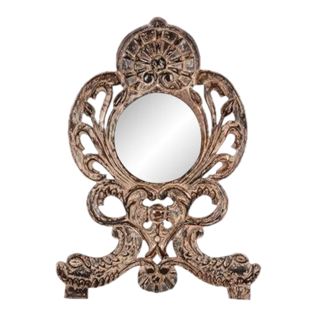 Vintage Carved Distressed Wood Accent Wall Mirror: Dimensions: 16" W x 1" D x 24" H This intricately hand carved vintage mirror wears a distressed finish. Beautiful as a piece of art; this mirror will be perfect in any room of the home. Please note