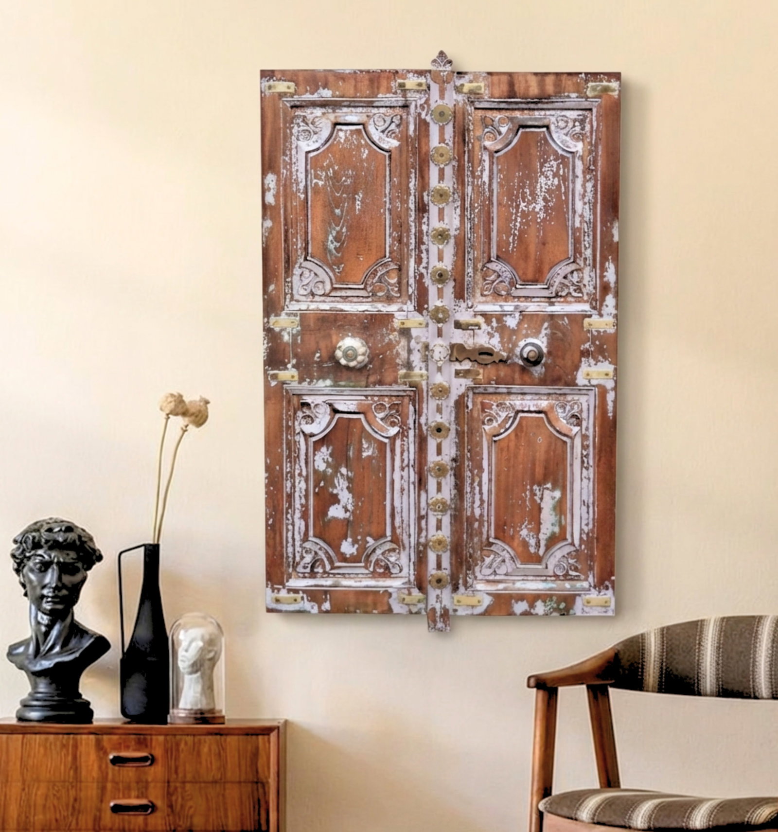 Vintage Lavender Color Patina Carved Teak & Brass Window - 2