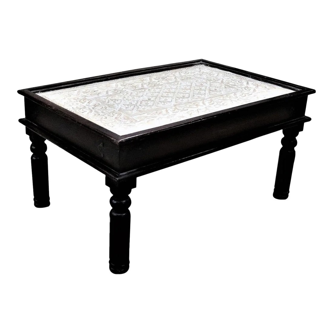 Eclectic Boho Chic Handmade Hand Carved Center Coffee Table | Distressed White Walnut Finish Table |: Dimensions: 36"wide X 24" Deep X 18"high Features: "• A rare piece and only one of its kind available "• Piece shown in the photos is the one which will be shipped "• 100% Solid