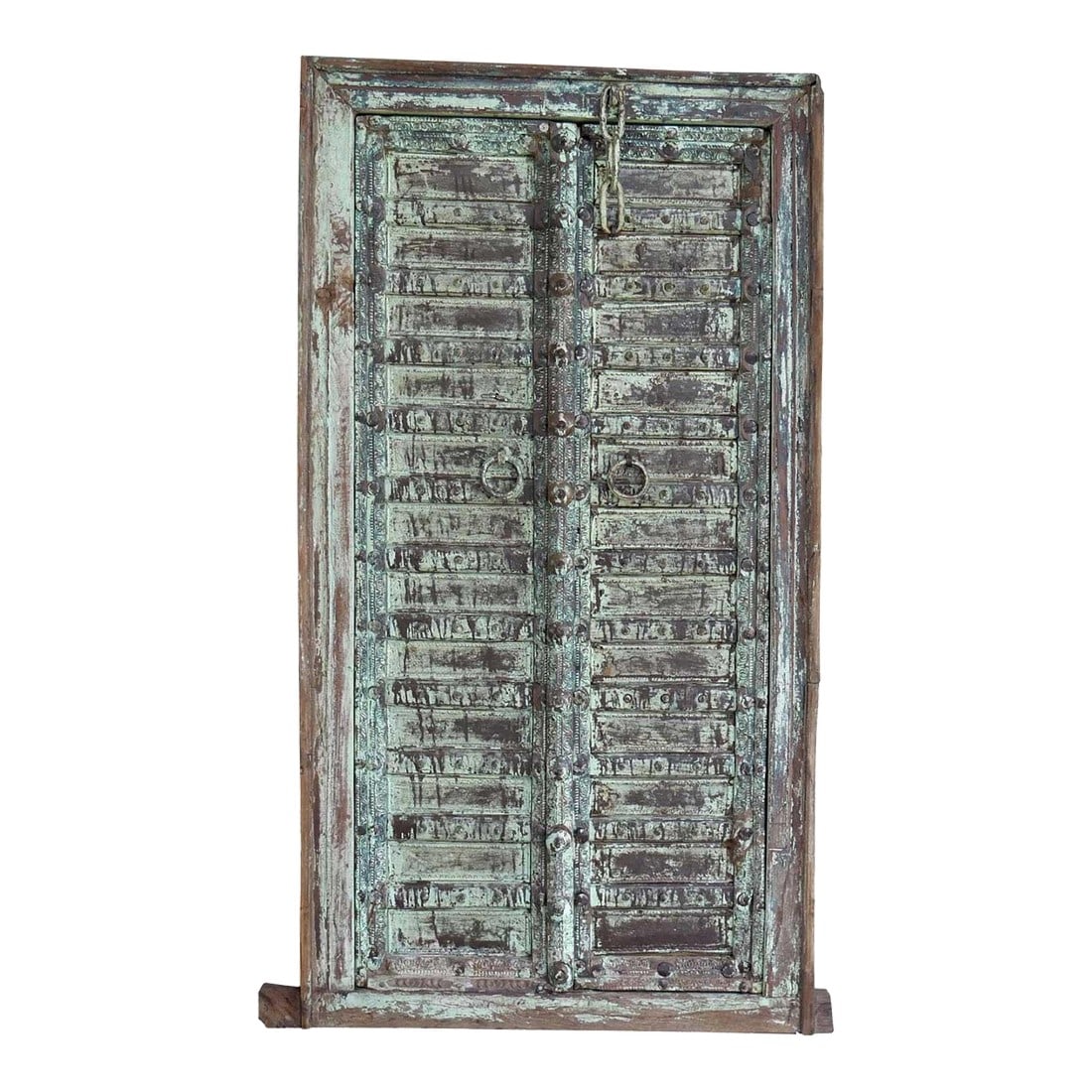 Vintage Handmade Carved Sliding Door | 57 Inch Tall Decorative Wall Panel and Carved Border Around t: Dimensions: 34" wide X 3" deep X 57" high This vibrant door from Punjab, India is hand carved and beautifully accented with brass pins, making it a unique collectors' item. The delicately carved