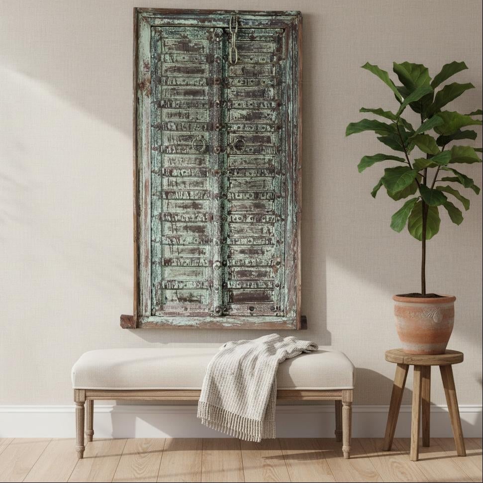 Vintage Handmade Carved Sliding Door | 57 Inch Tall Decorative Wall Panel and Carved Border Around t - 2