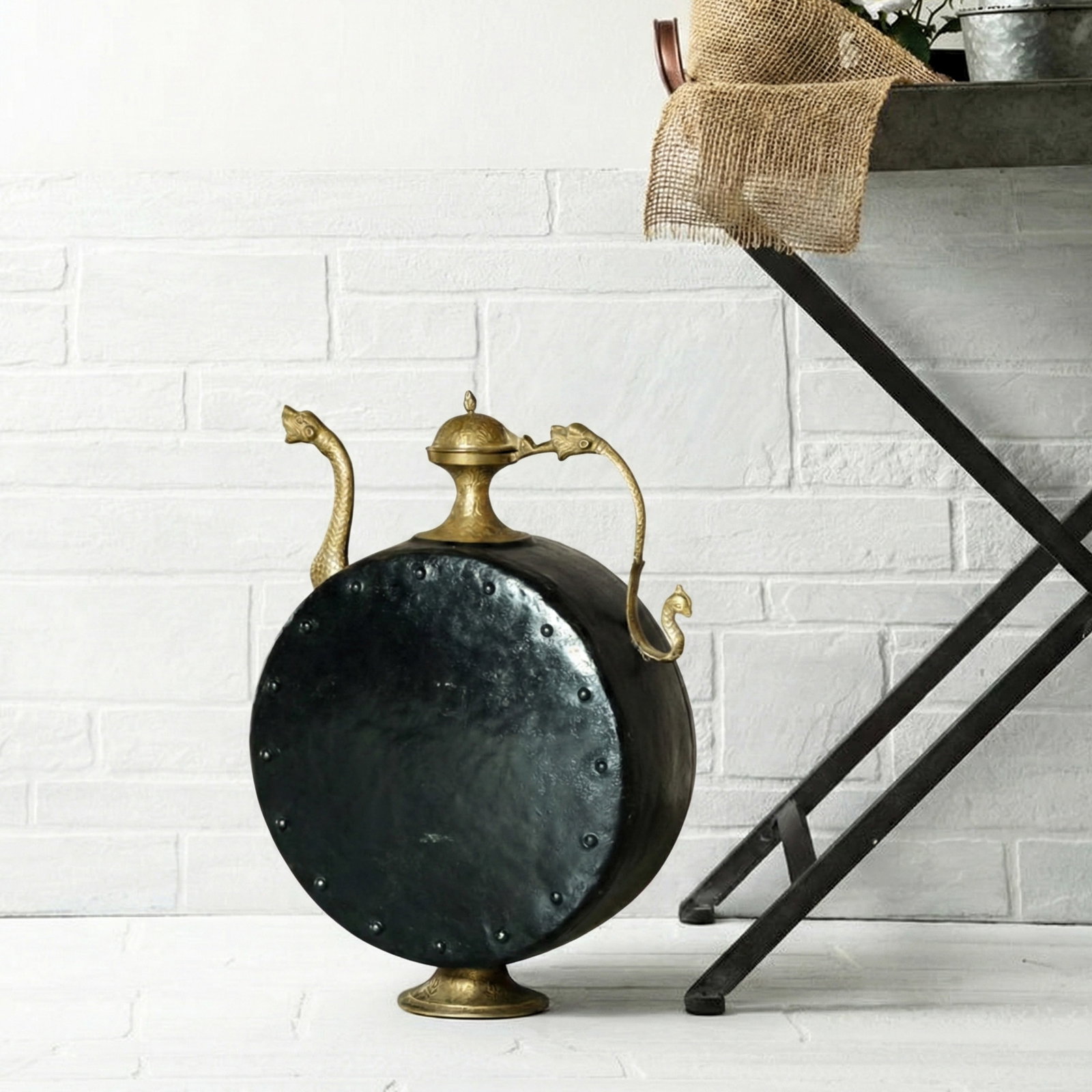 Vintage Large Metal Vessel With Spout | Iron Brass Decorative Indian Surahi | 25" Tall Accent Decor - 2