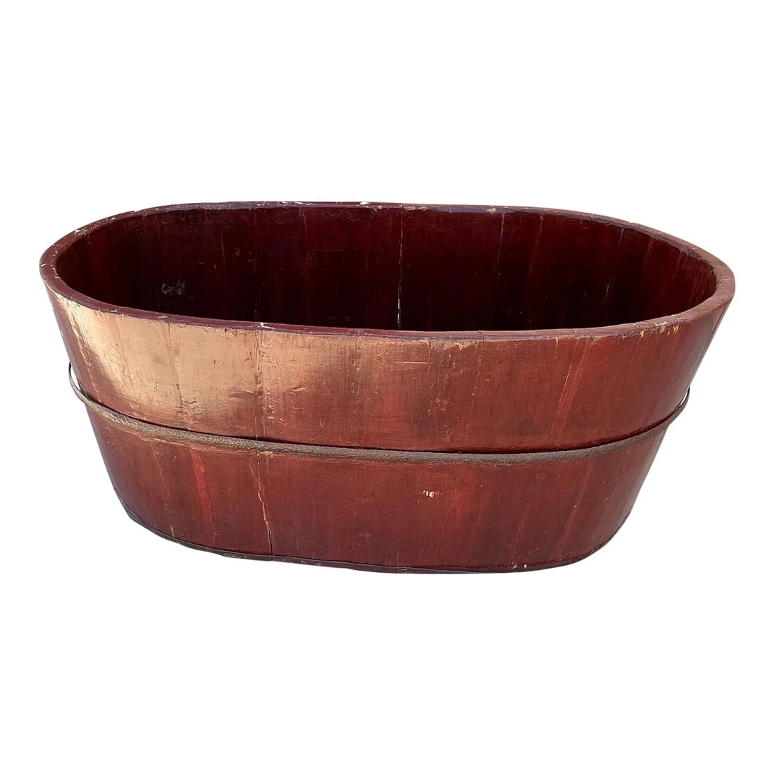 Early 20th Century Large Chinese Red Lacquered Wood Tub/Bucket: A large Asian, iron-banded, red lacquered sectioned wood tub, early 20th century. Striking when filled with greenery and orchids! Can also be used to hold bottles at a party, etc. just make sure to