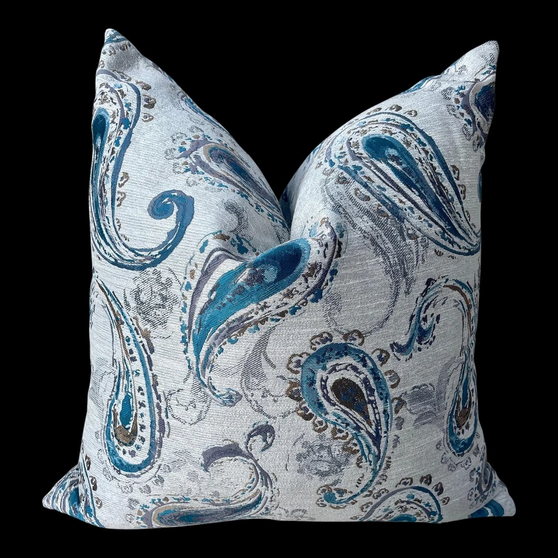 D.VKap Silver Gray/Teal Paisley Throw Pillow: D.V Kap Turquoise/Teal Paisley print Throw Pillow. Silver, Gray, Tan and Teal colors. Mix and match with sold colors and this pillow will pop. Used for staging purpose only. Down filled insert can be