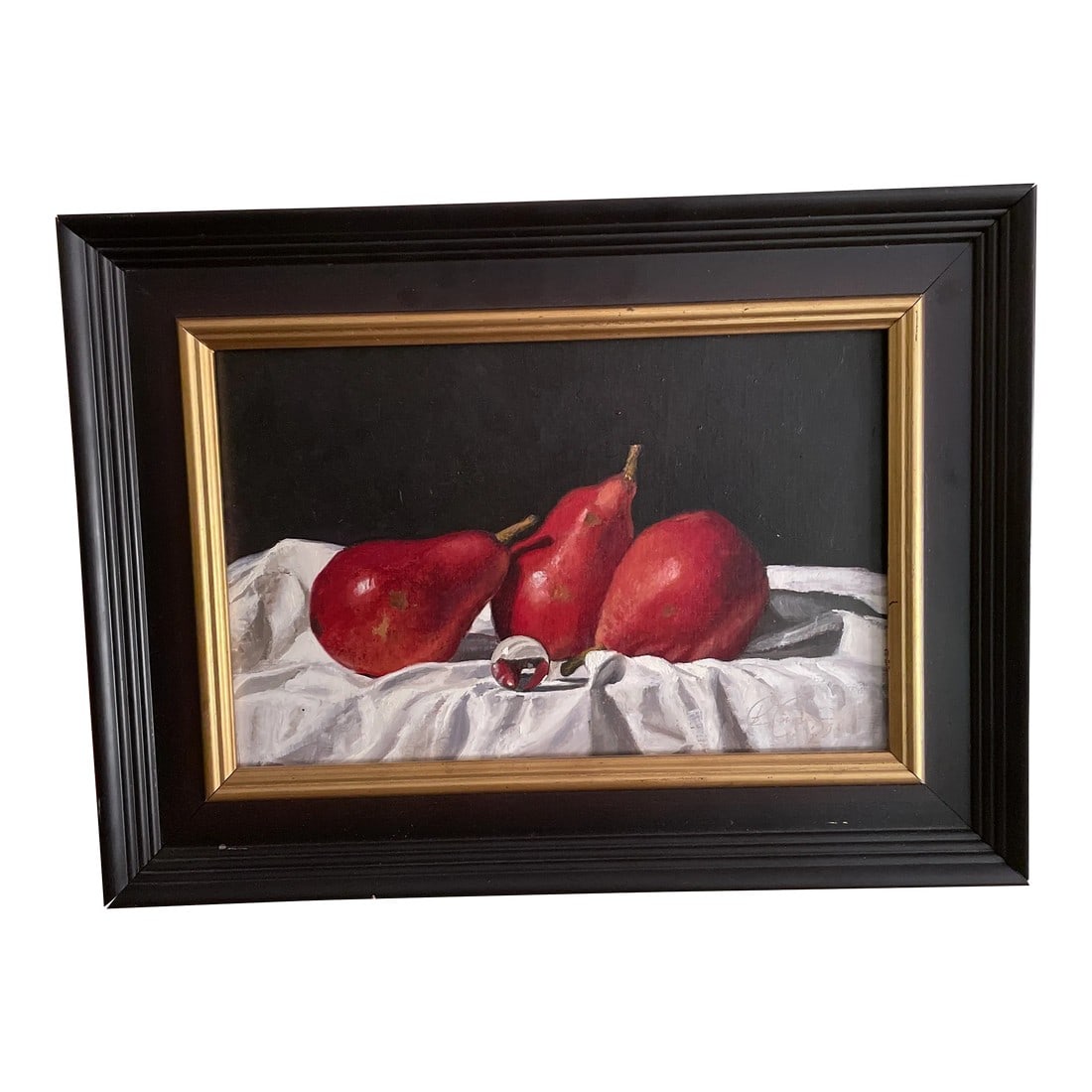 Still Life With Pears and Marble Oil Painting: A very nice representation of three red pears and a marble. Painted by Eric Forstmann in 1936. Condition: Alterations: Original Condition Unaltered Imperfections: Some Imperfections Condition