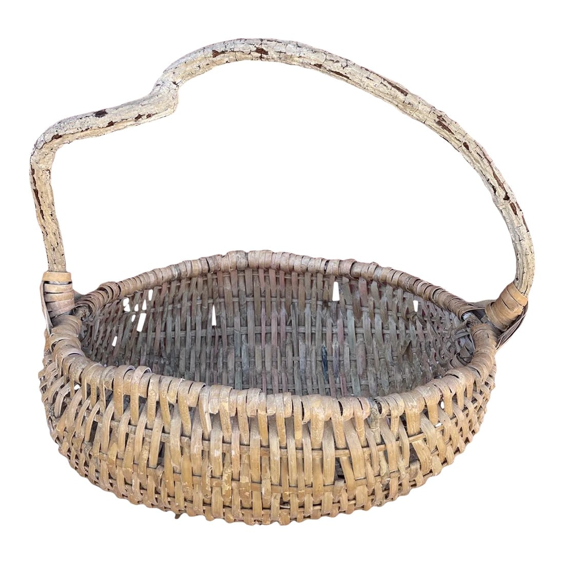 Rustic Whitewashed Wavy Vine/Rattan Gathering Basket: Rustic Whitewashed Wavy Branch Handled Gathering Basket with woven Rattan base. Great for display or gathering flowers etc. 19w x 14.5d x 16in h Condition: Alterations: Original Condition Unaltered