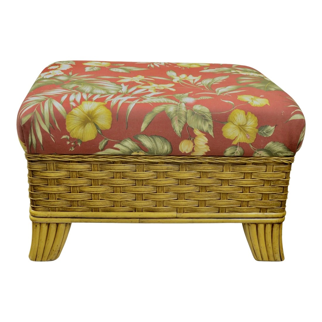 Braxton Culler Woven Bamboo Ottoman: Vintage Braxton Culler comfy bamboo rattan wicker 25 inch ottoman with woven apron and bent bamboo sides and feet accented by an attached firm five inch upholstered cushion in a deep tomato red,