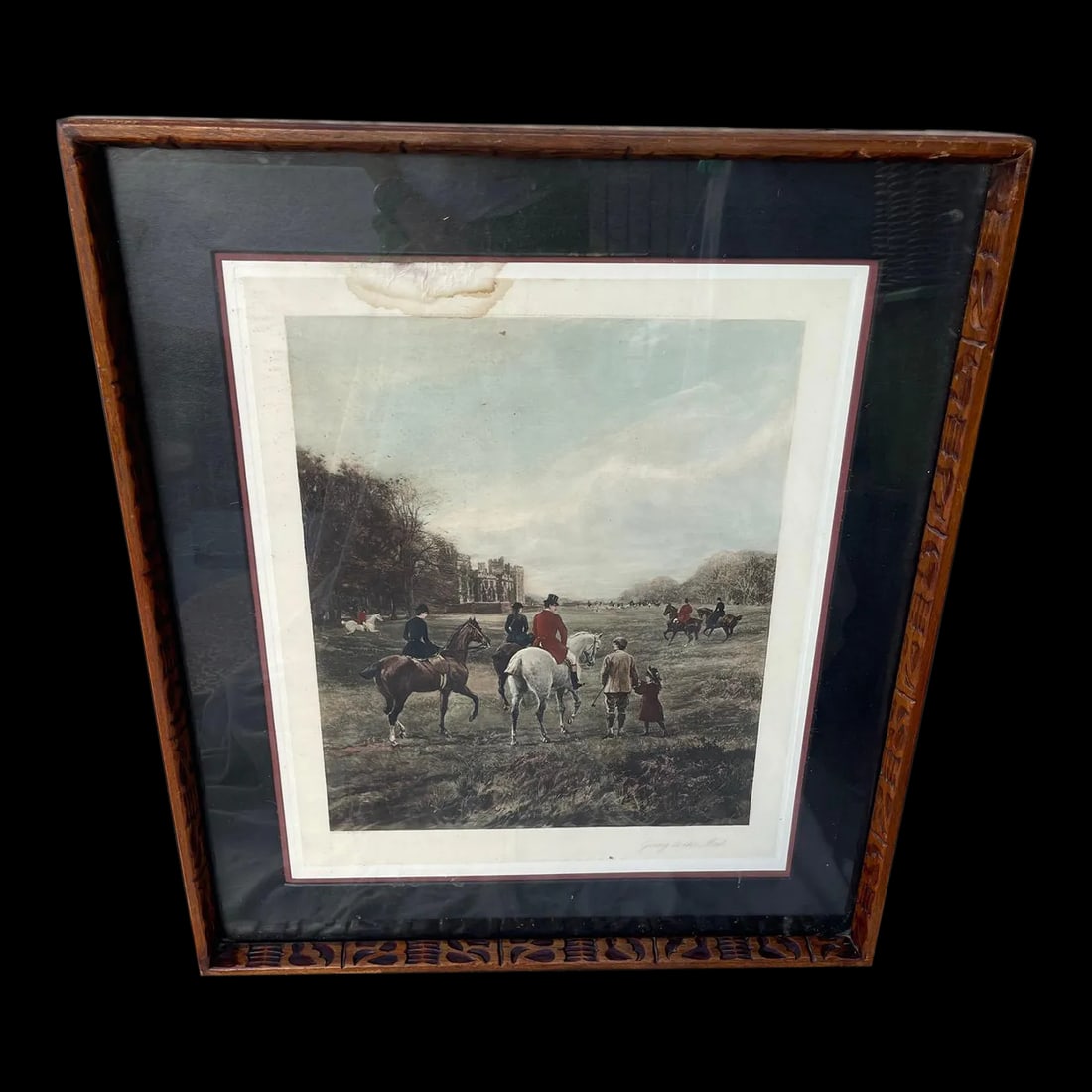 Antique Heywood Hardy Hand Colored Engraving Titled ââ‚¬Å“ Going to: Late 19th century Heywood Hardy hand colored engraving titled " Going to the Meet " featuring men and women on horses with the dogs ready to go hunting. Hand carved wood frame with 3in black matting