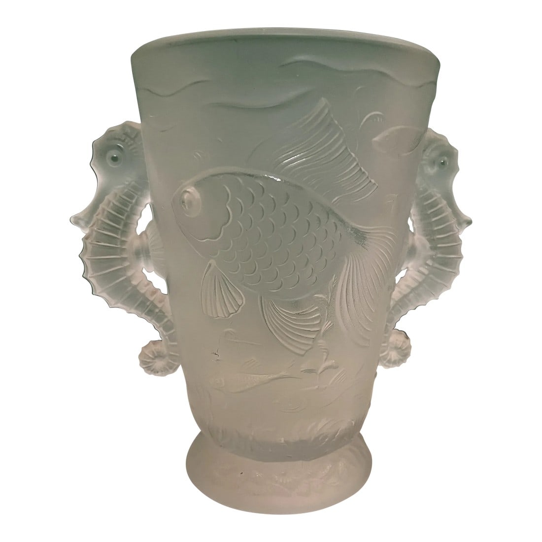 1930s Vintage Barolac Josef Inwald Sea Life Vase: Beautiful Josef Inwald vase from the 1930s. The base depicts sea life with seahorses for handles. The glass is frosted. Condition: Alterations: Original Condition Unaltered Imperfections: Some