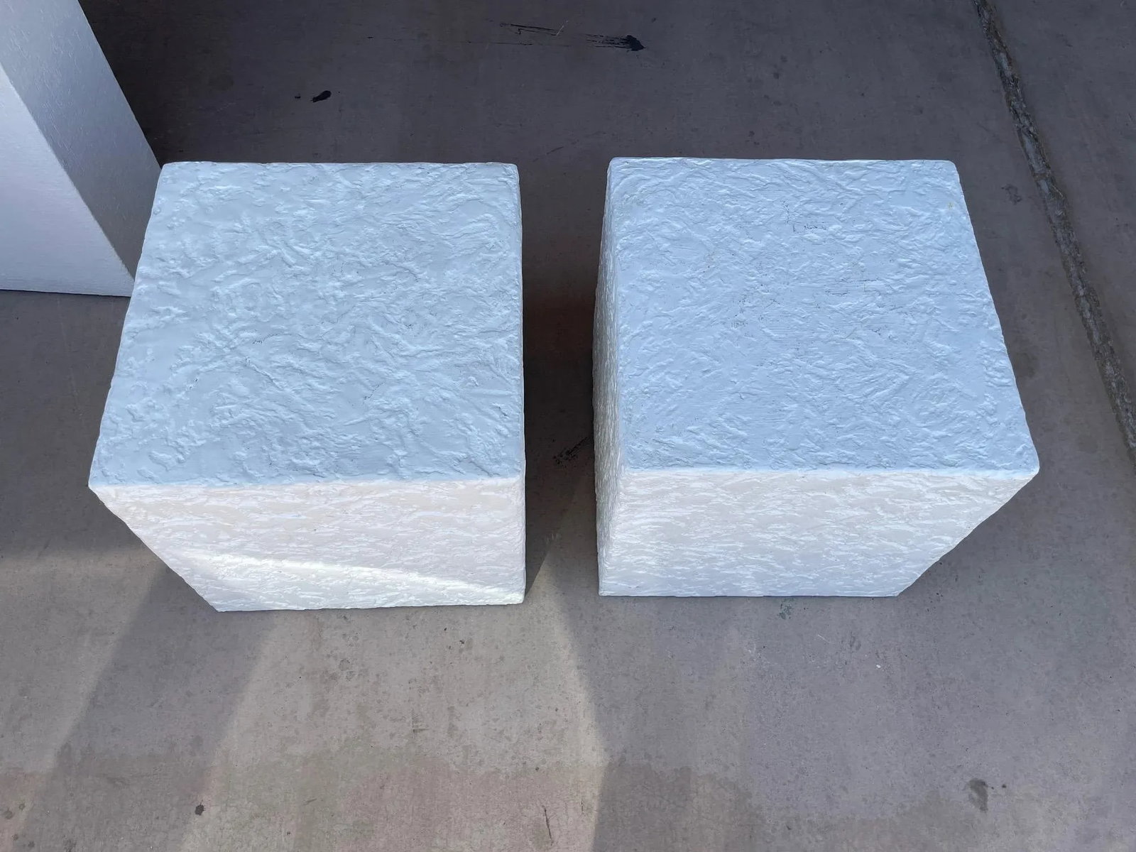 Postmodern White Textured Plaster Cube Side Tables-Pair - 2