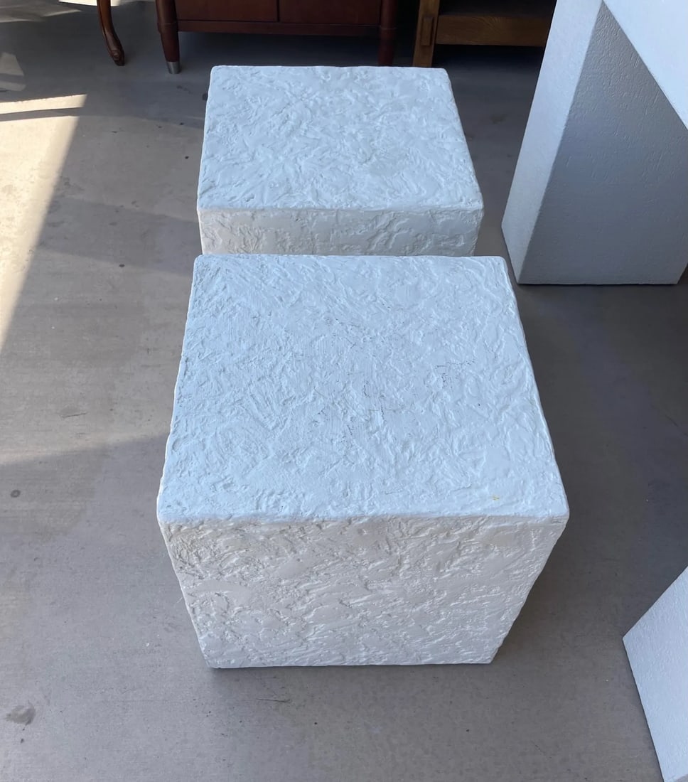 Postmodern White Textured Plaster Cube Side Tables-Pair - 4