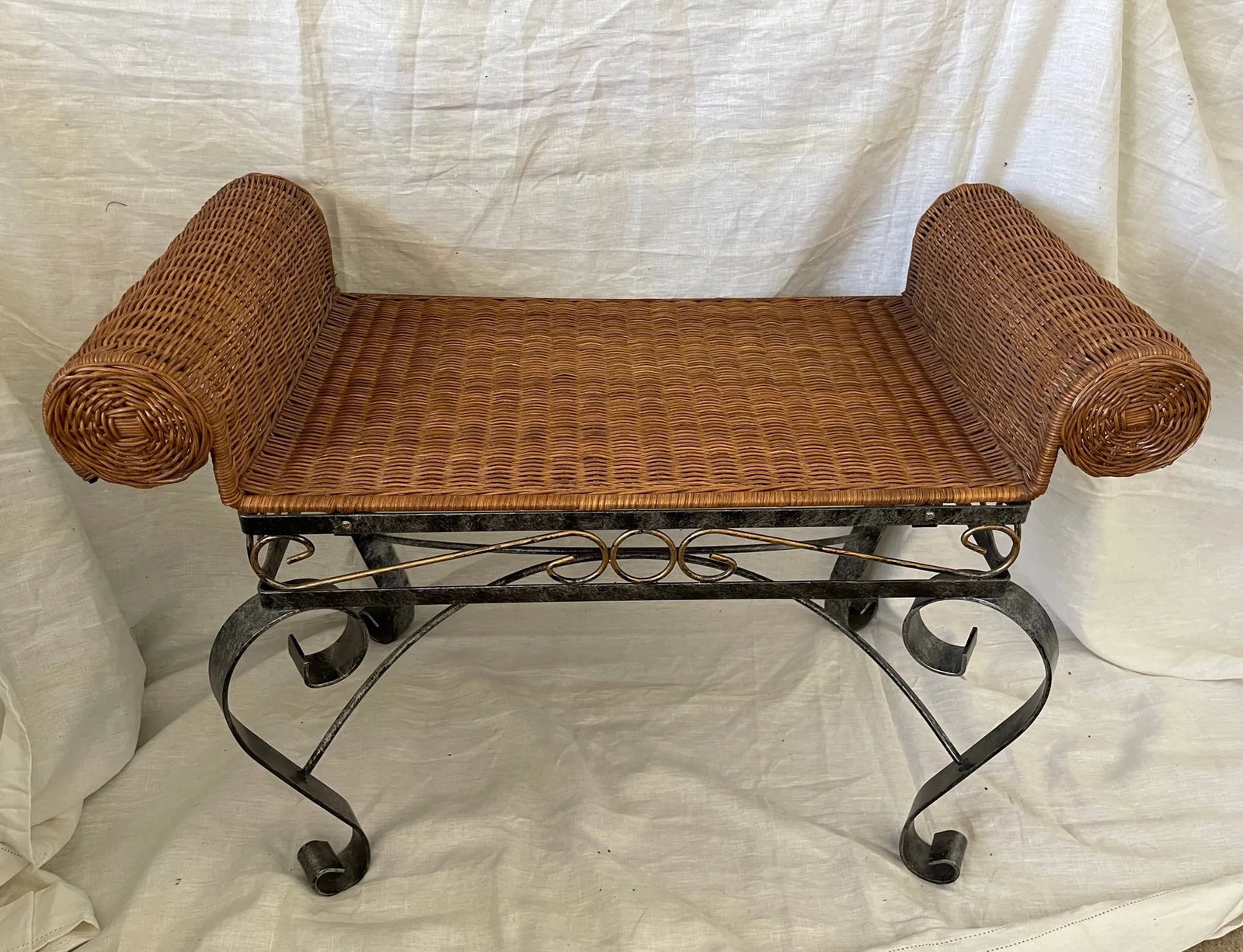 Vintage Wicker/Wrought Iron Bench - 3