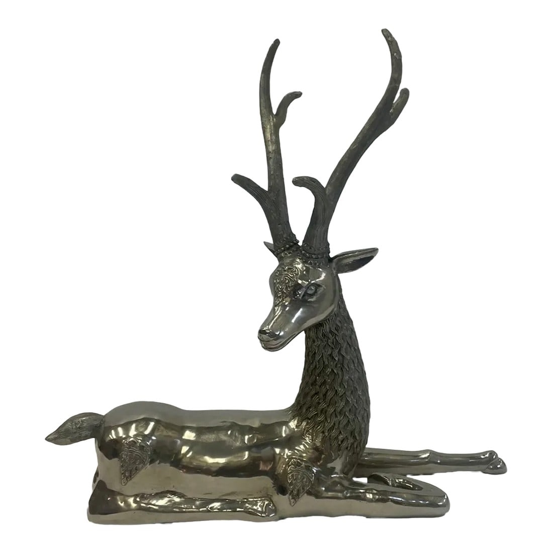 Large Nickel Plated Cast Brass Deer Sculpture: Large impressive cast brass nickel plated table top sculpture of a reclining deer with antlers. Condition: Alterations: Original Condition Unaltered Imperfections: Some Imperfections Condition