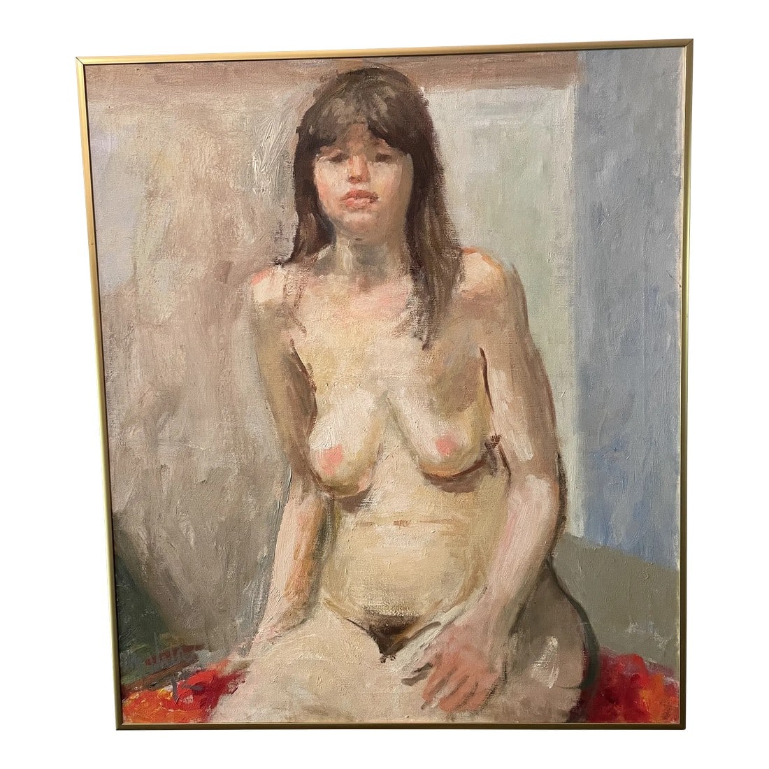 1972 Oil Painting Expressionist Portrait of a Seated Nude Woman: Signed. Maher. 1972. Framed Seated oil painting of a nude woman Condition: Alterations: Original Condition Unaltered Imperfections: Some Imperfections Condition Notes: Presents well. Dimensions: