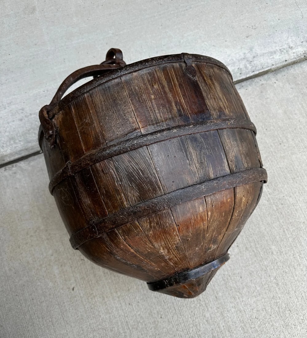 Antique 19th Century Primitive Chinese Rice Bucket With Handle & Stand - 2