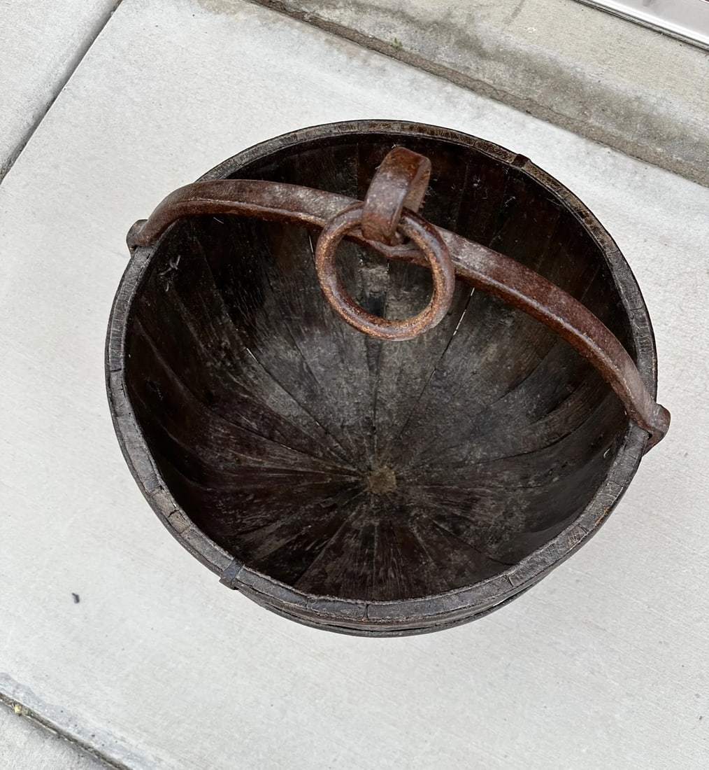 Antique 19th Century Primitive Chinese Rice Bucket With Handle & Stand - 3