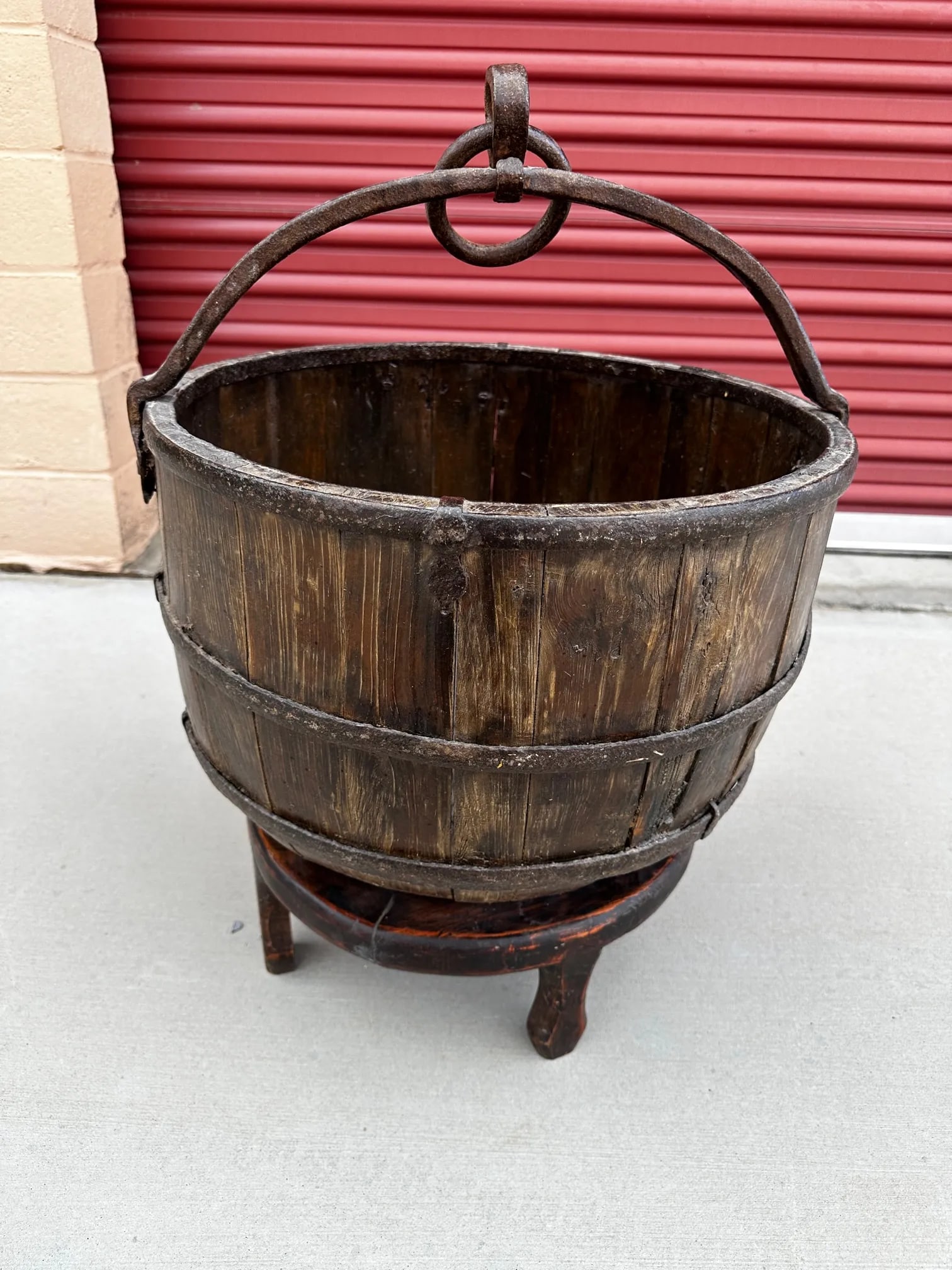 Antique 19th Century Primitive Chinese Rice Bucket With Handle & Stand - 4