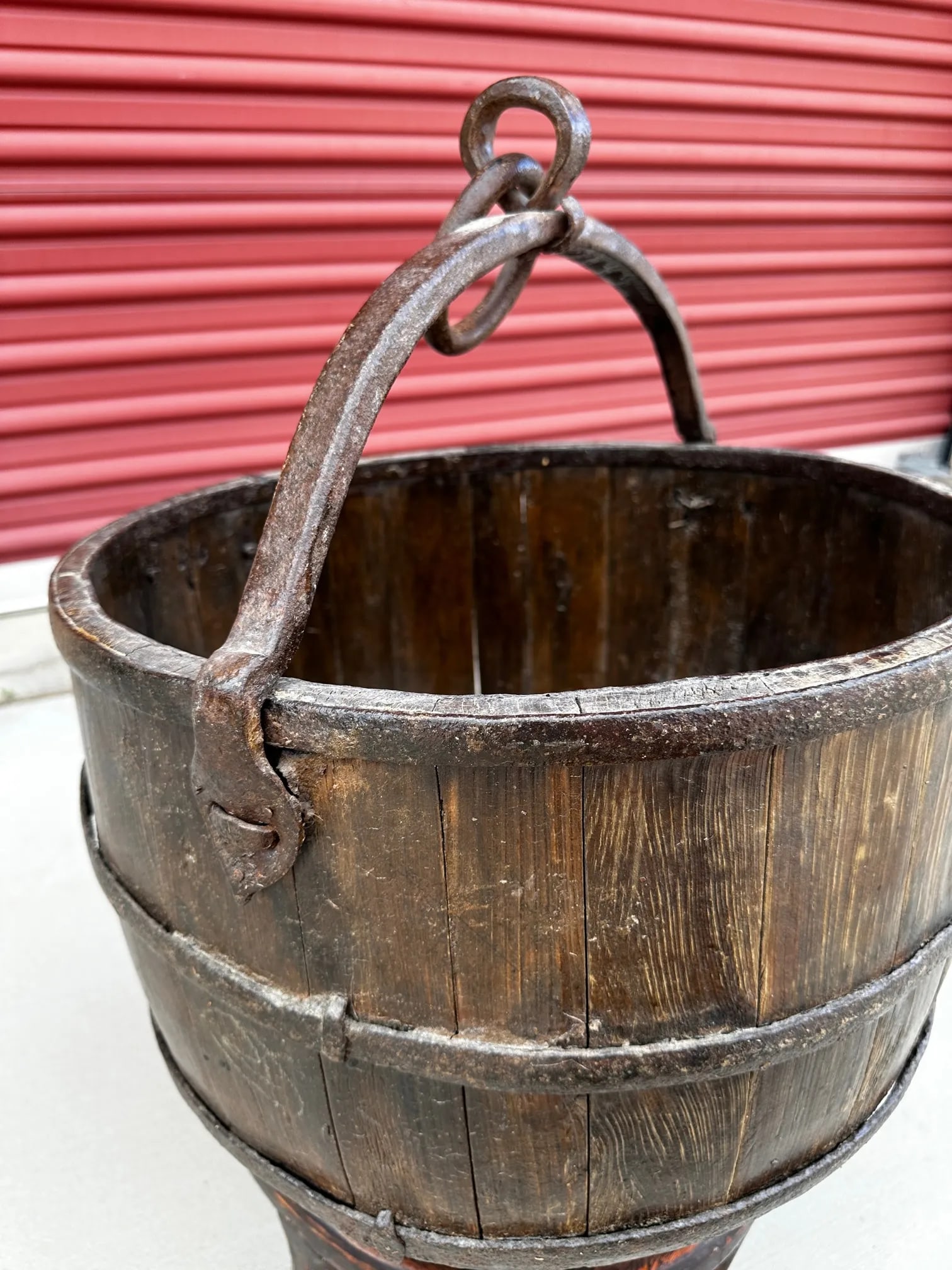 Antique 19th Century Primitive Chinese Rice Bucket With Handle & Stand - 5