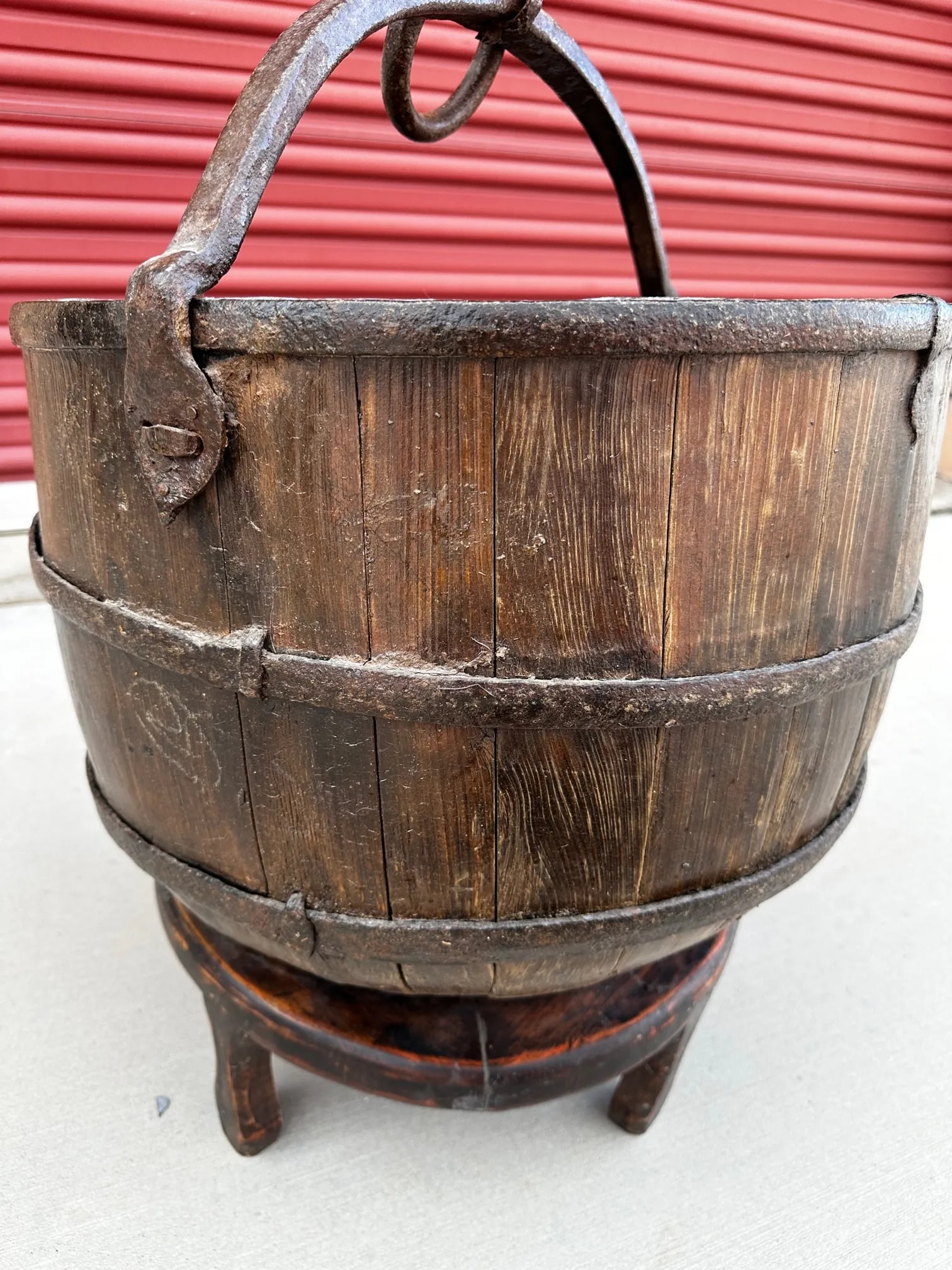 Antique 19th Century Primitive Chinese Rice Bucket With Handle & Stand - 6