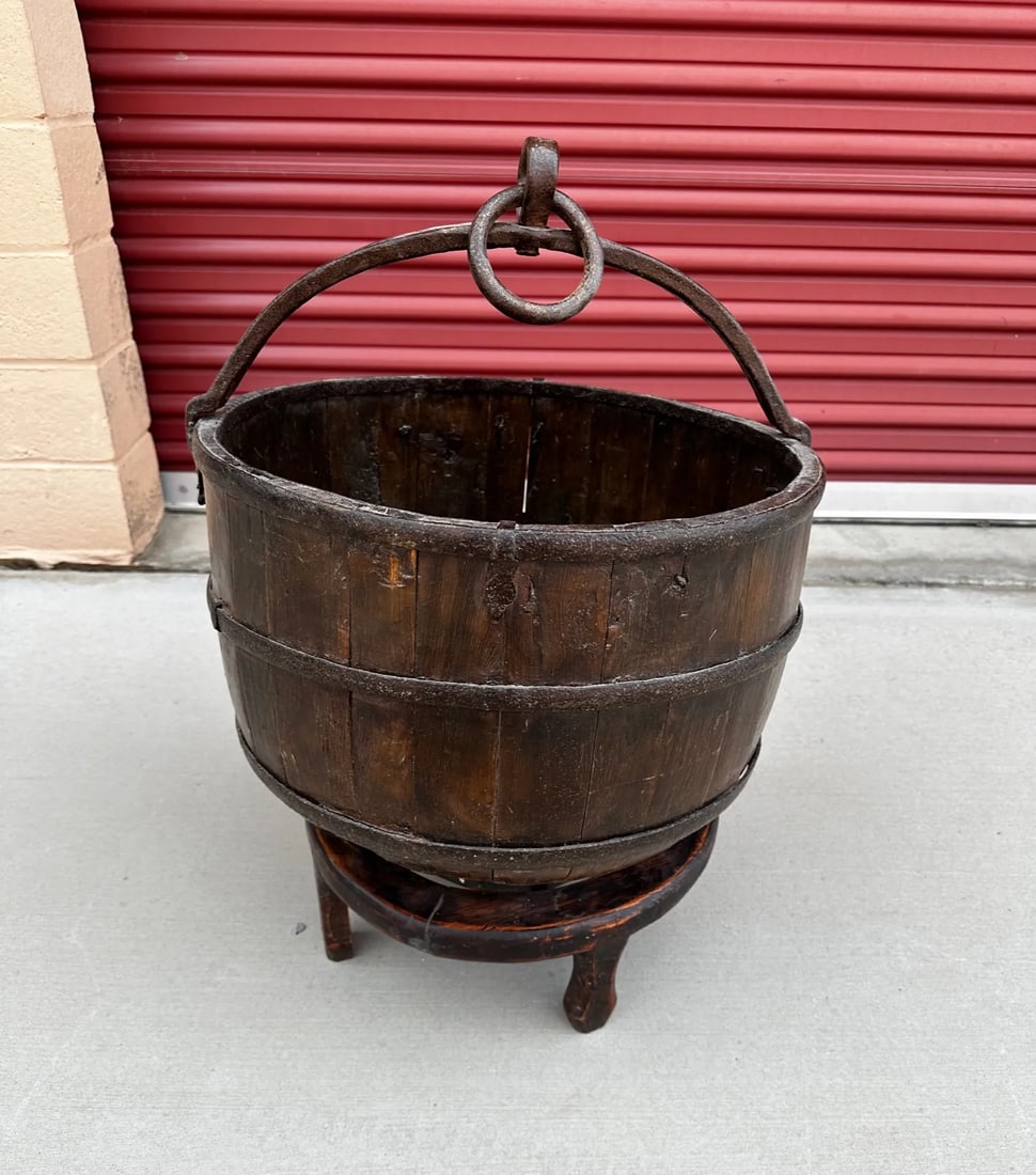 Antique 19th Century Primitive Chinese Rice Bucket With Handle & Stand - 7