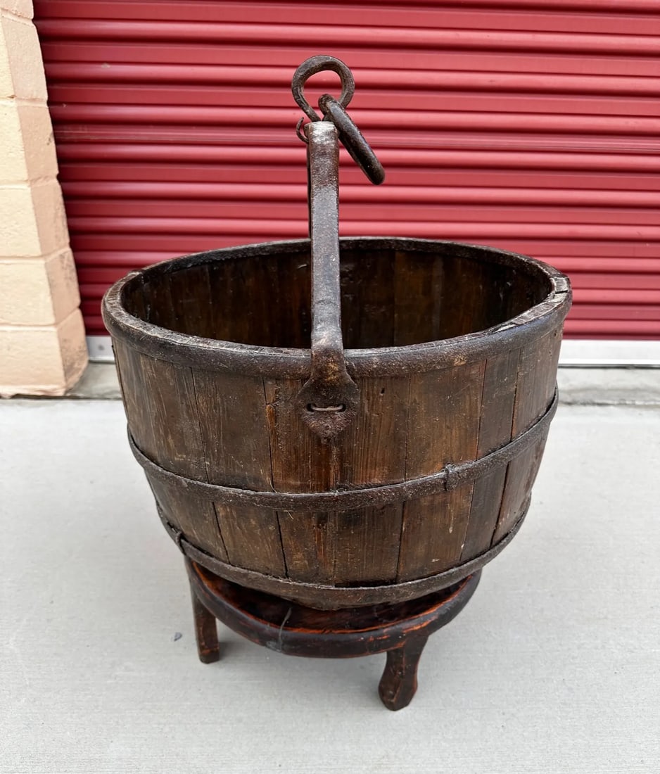 Antique 19th Century Primitive Chinese Rice Bucket With Handle & Stand - 8