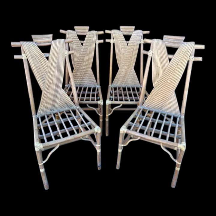 Vintage Pencil Reed X Back/Bamboo Pagoda Dining Chairs-A Set: Amazing set of 4 Vintage Pencil Reed and Bamboo Pagada Dining Chairs. Pencil reed x back with bamboo structure. Perfect with a palm leaf print cushion. Great for the beach or Palm Beach. 40.5in h x 19