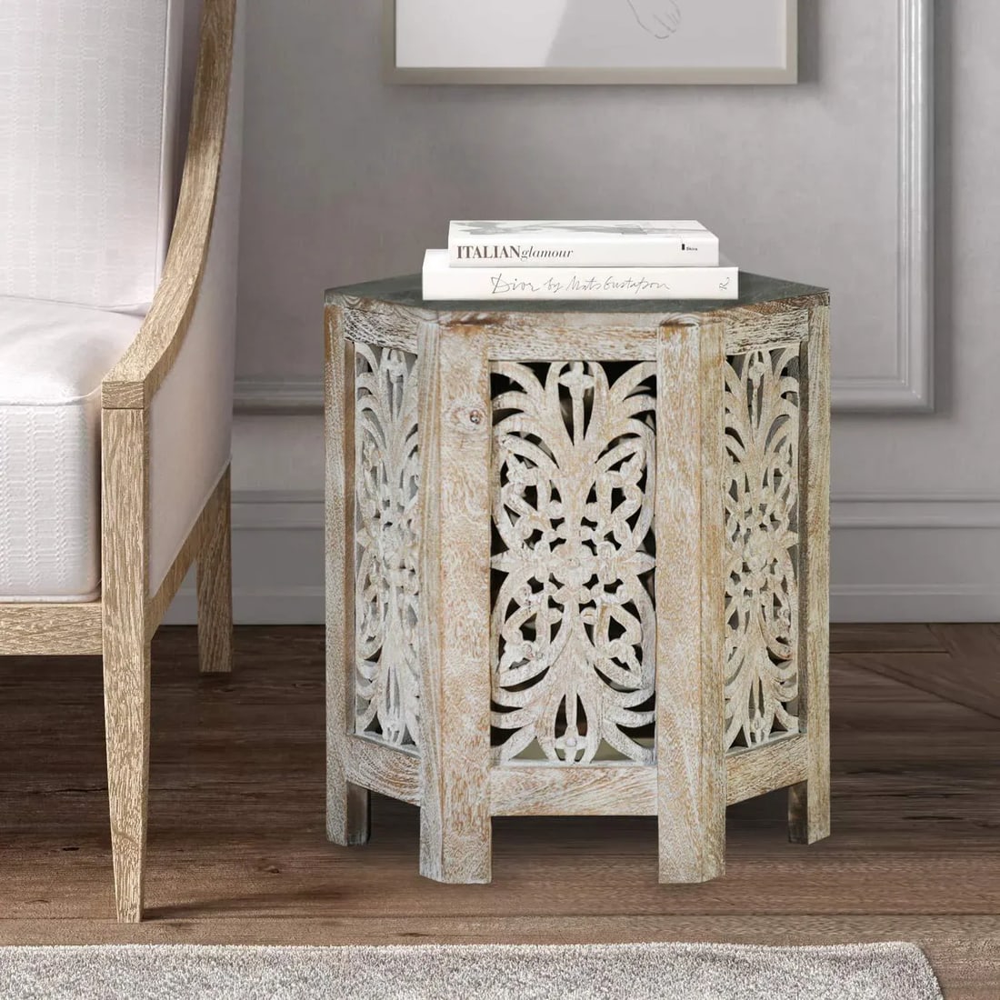 Farmhouse Style Handmade Carved Solid Mango Lattice Side Table - 2