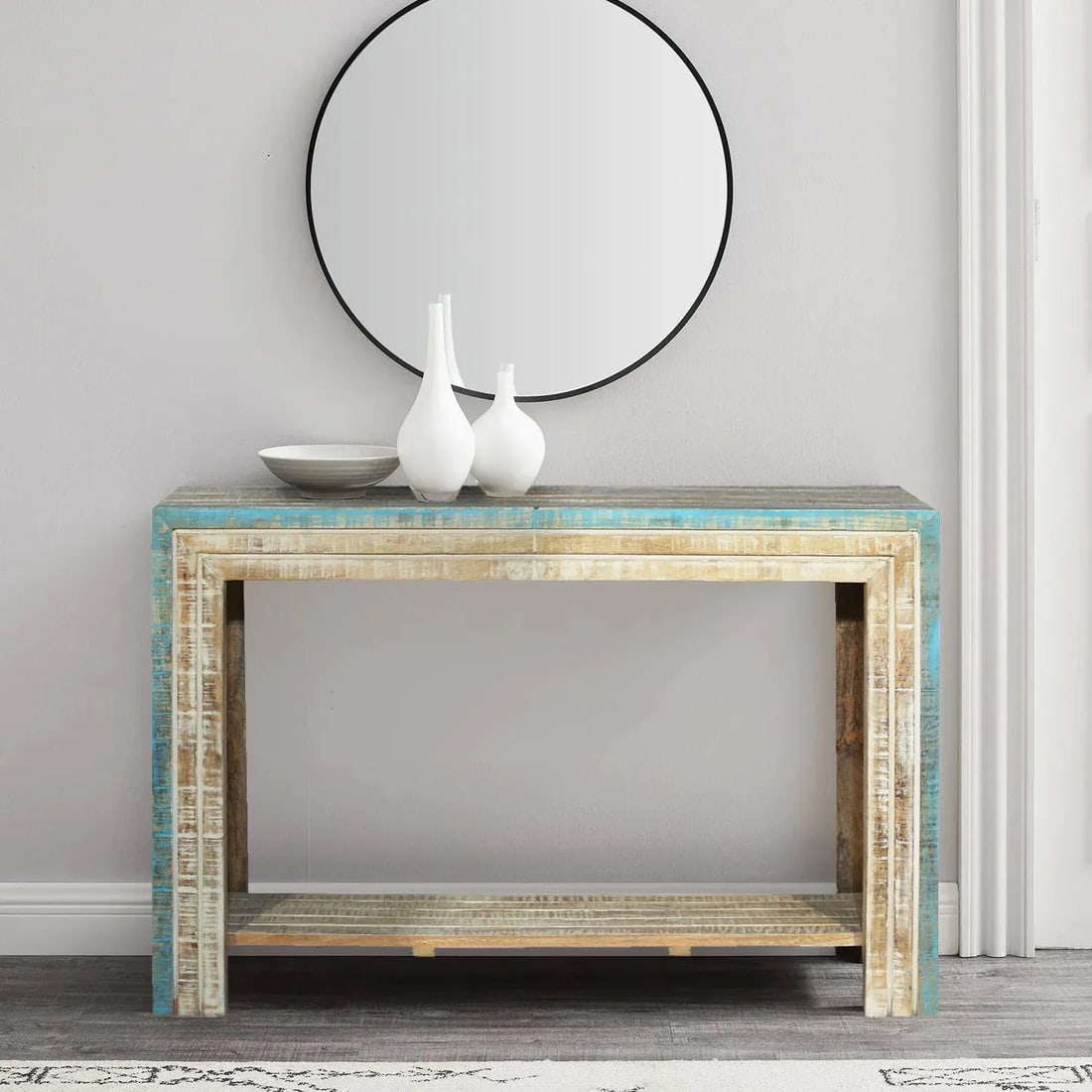 Mid Century Modern Solid Wood Carved Distressed Console | Farmhouse Coastal Entry Hallway Table | Tr - 2