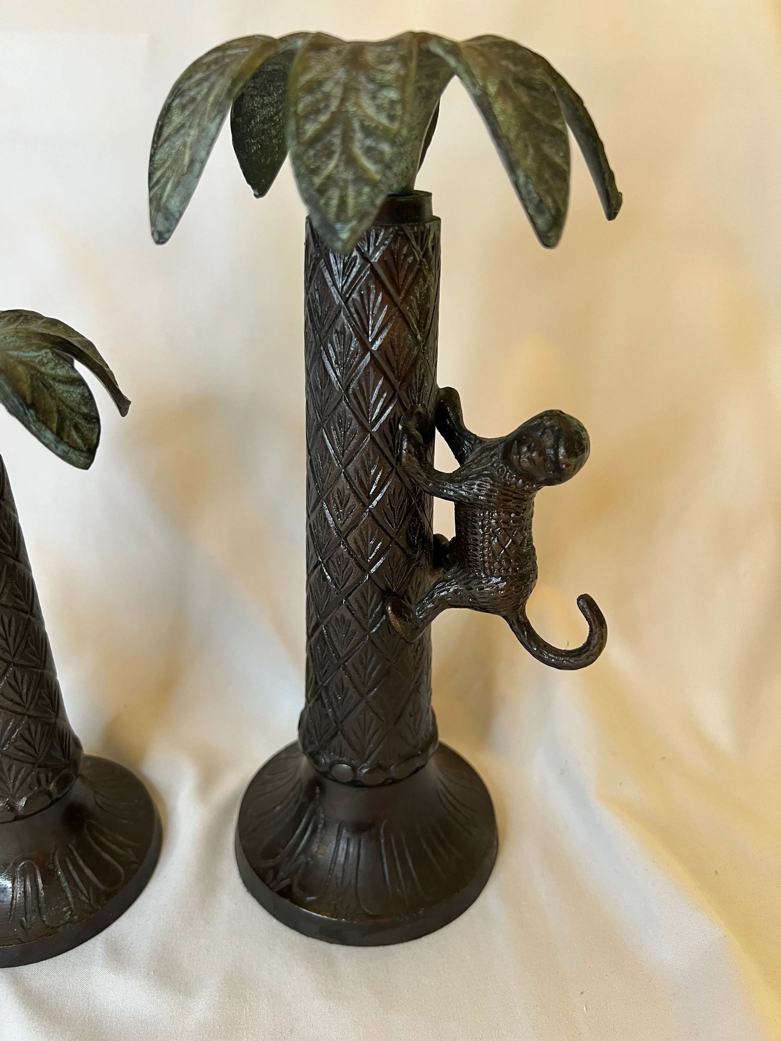 Vintage Bronze Palm Tree Candlesticks With Monkeys - 6
