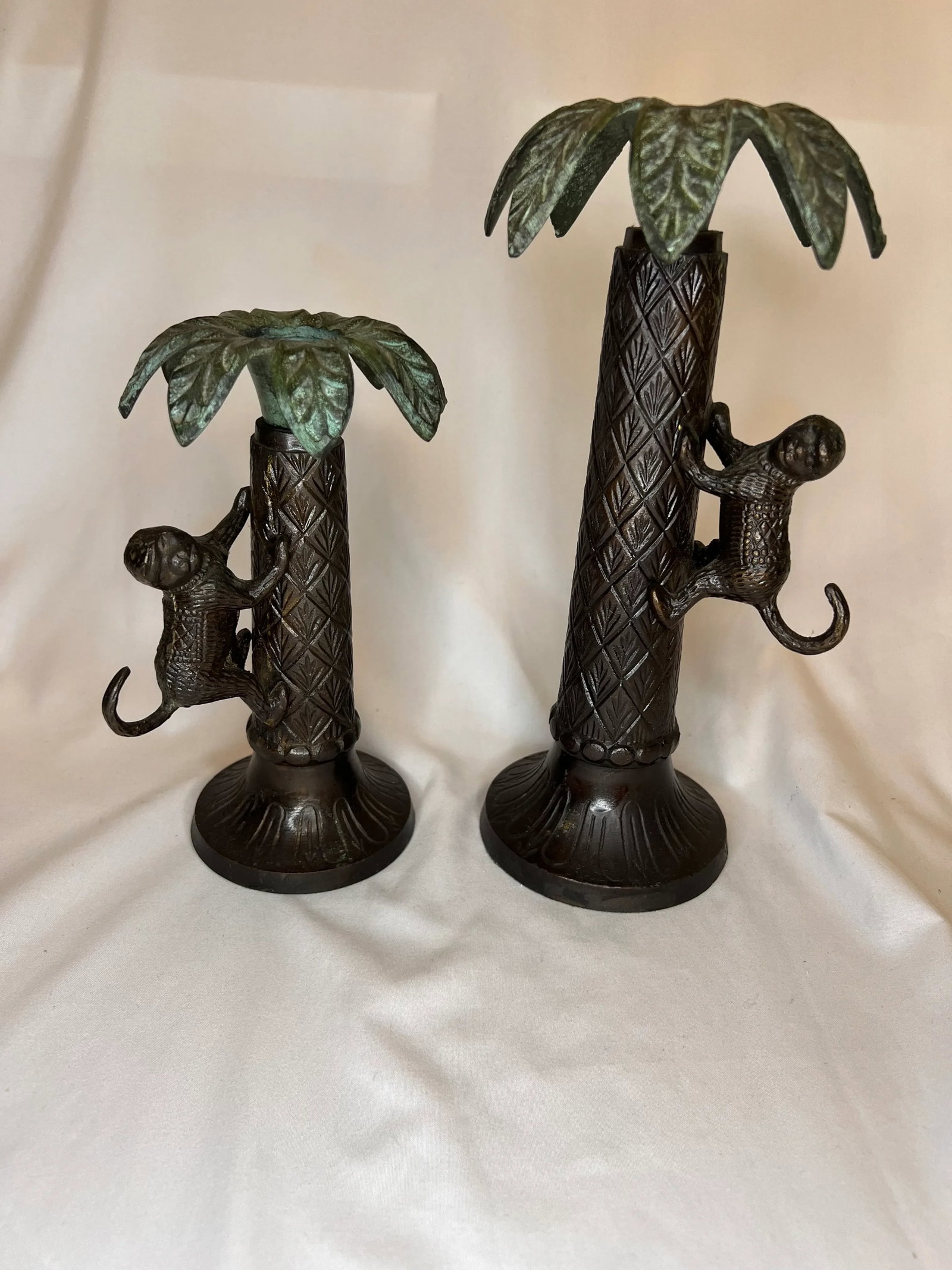 Vintage Bronze Palm Tree Candlesticks With Monkeys - 7