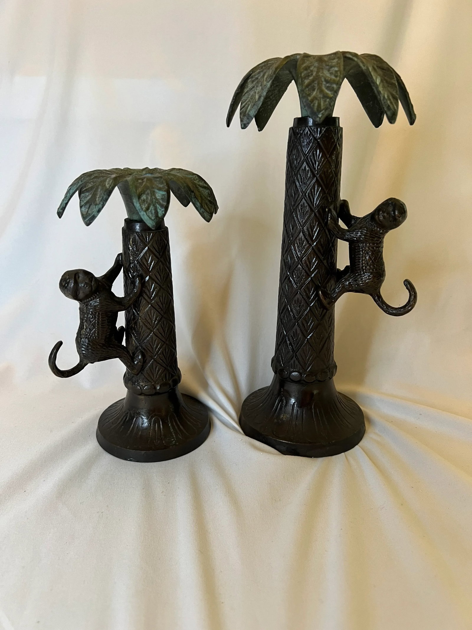 Vintage Bronze Palm Tree Candlesticks With Monkeys - 9