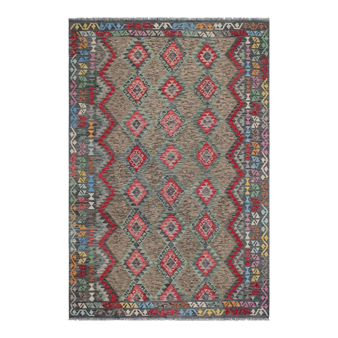 Early 21st Century Bohemian Kilim Green Charcoal Wool Rug (1 of 8)