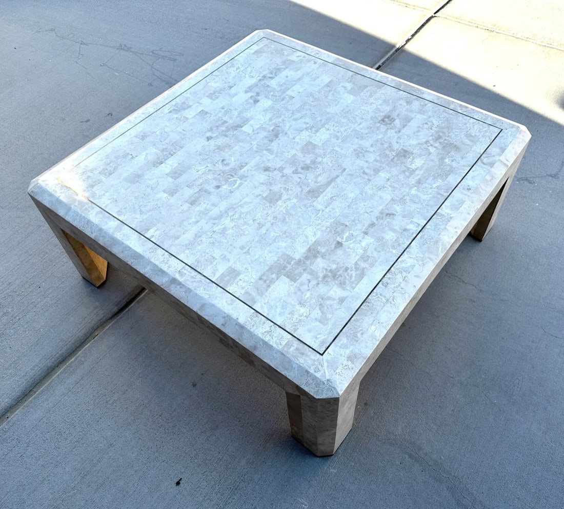 Maitland-Smith Tessellated Stone and Brass Inlay Coffee Table - 3