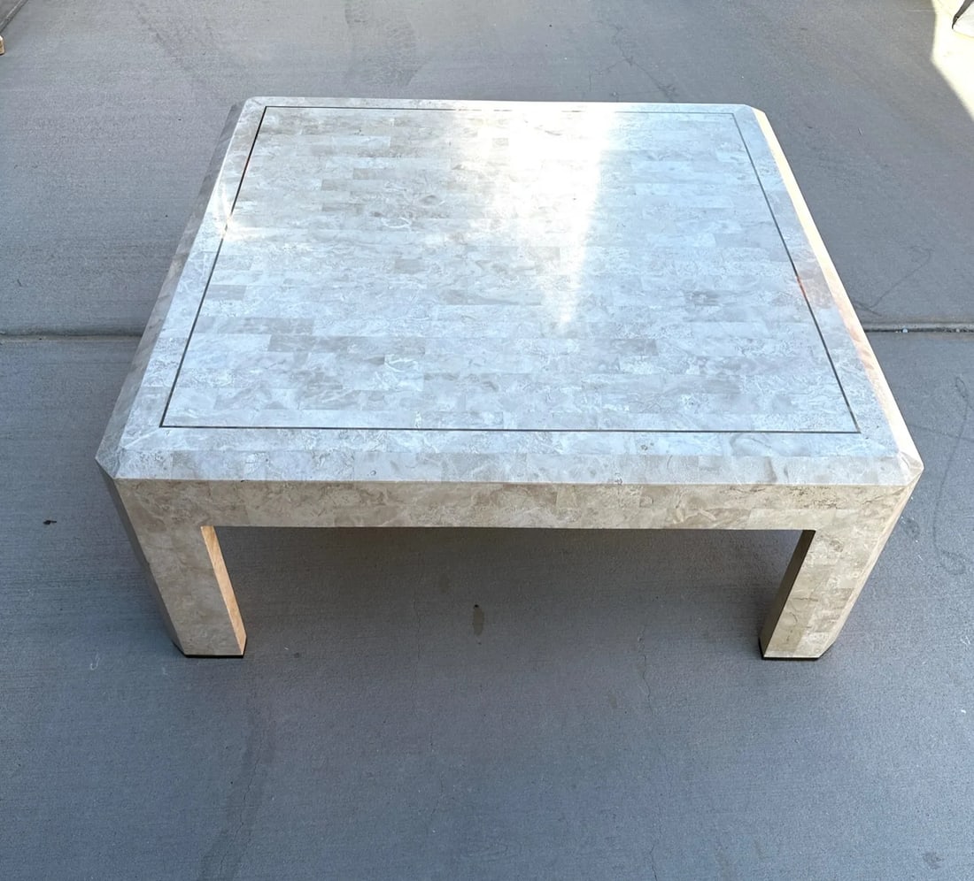 Maitland-Smith Tessellated Stone and Brass Inlay Coffee Table - 7