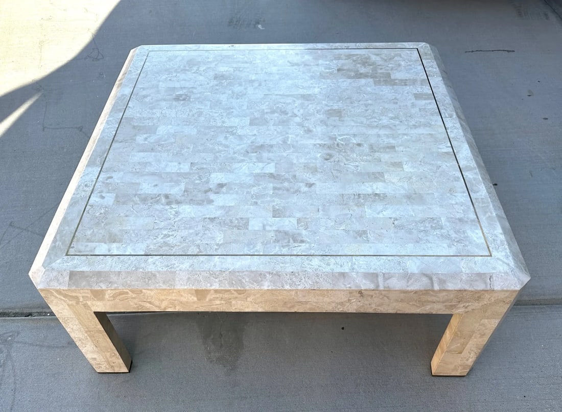 Maitland-Smith Tessellated Stone and Brass Inlay Coffee Table - 8