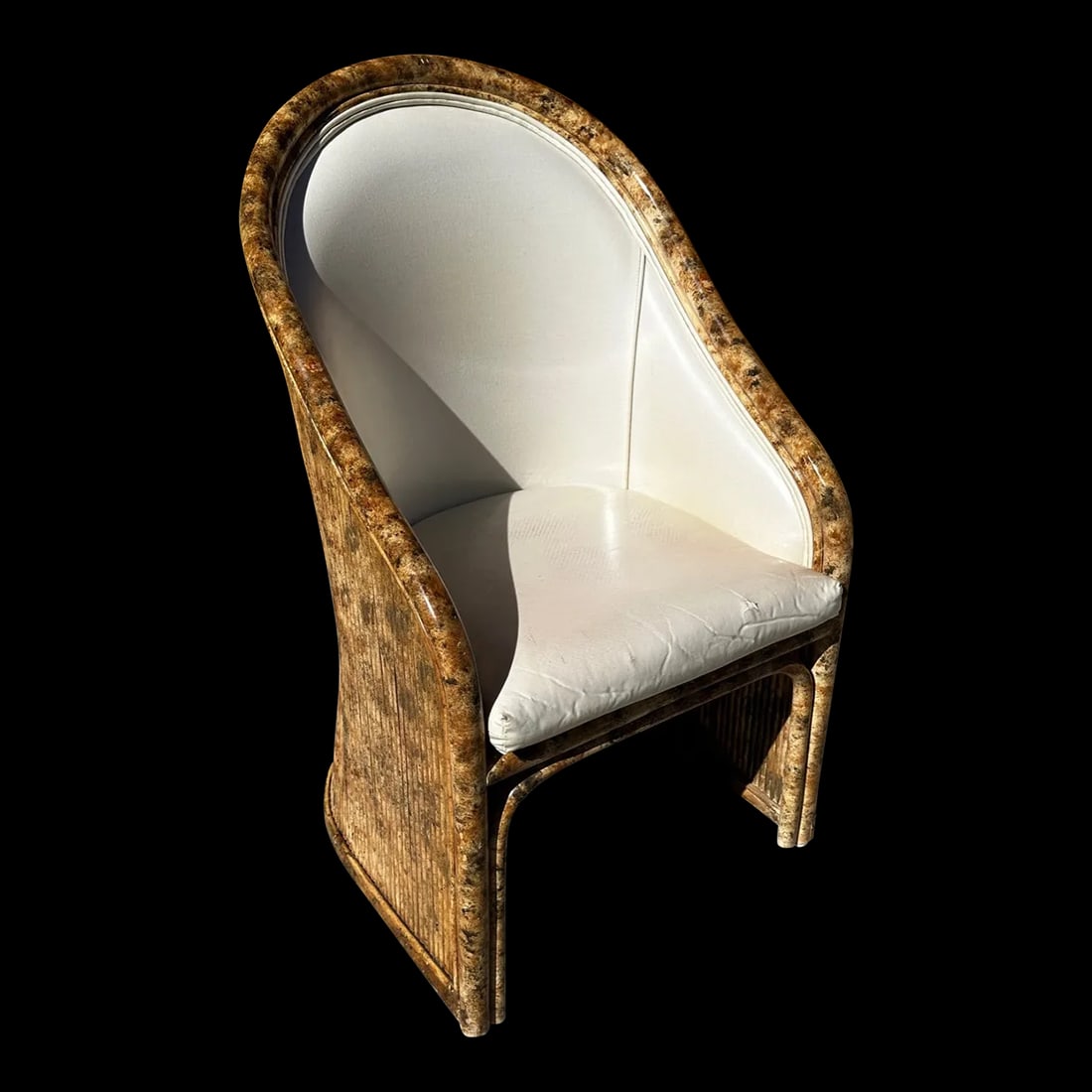 Gabriella Crespi Style Split Reed High Back Upholstered Barrel Chair: Vintage Gabriella Crespi Style Split Reed High Back Upholstered Barrel Chair with a faux courtise shell look and white upholstered back and seat cushion. 38.5in h x 22in w x 22in d 17in x 17in