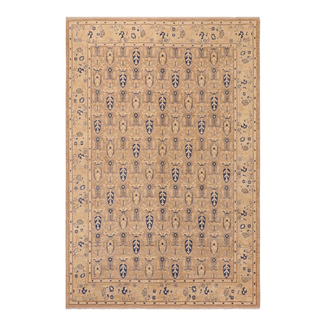 1990s 1990s Sun Faded Tan/Blue Hand Knotted Wool Rug: A hand knotted rug made by skilled artisans capable of creating the most exceptional vegetable dyes and hand-spun New Zealand wool. This gorgeous one of a kind Chobi Ziegler Rug. Condition: