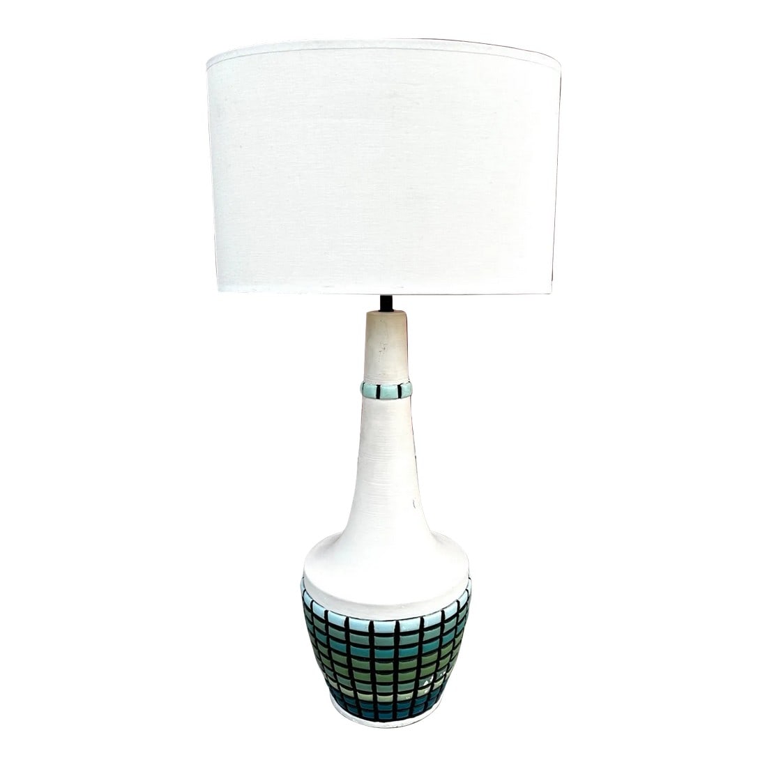 Mid-Century Turquoise Genie Table Lamp: Super cool Mid-Century Genie Table Lamp w/Shade. All shades of turquoise on the bottom. Perfect for your Mid-Century home. 27in h to socket 9in diameter 32.25in h to finial 16in w x 10in w shade 