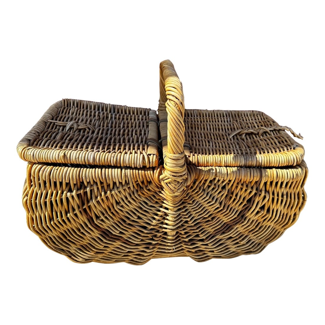 Vintage French Double Sided Picnic Basket: Rustic European Double Side Picnic Basket, Great for display or gathering up flowers or perfect for yarn. 25in w x 17in h to handle 11.5in h basket 15in d Make sure to follow me, I have flash