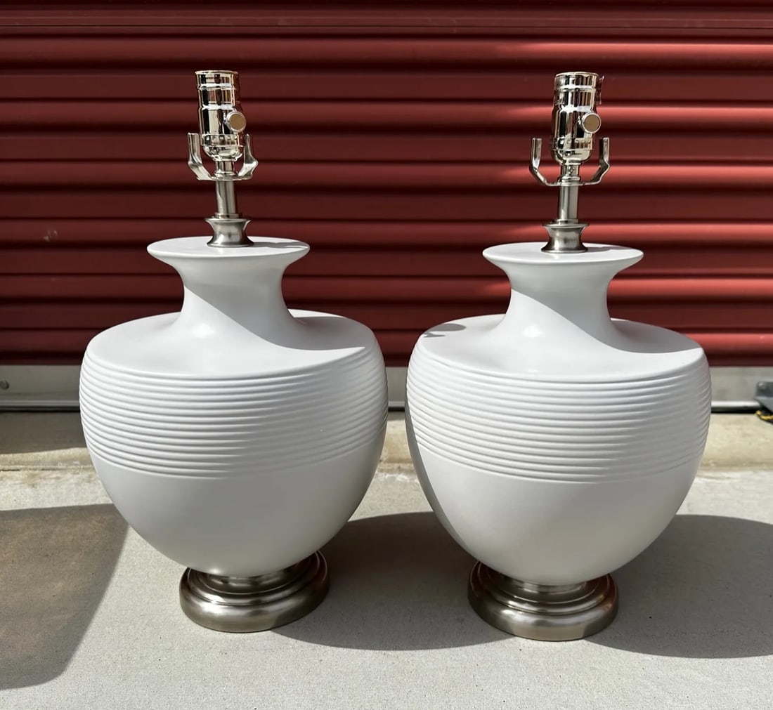 Modern Gray Urn Table Lamps-A Pair - 8