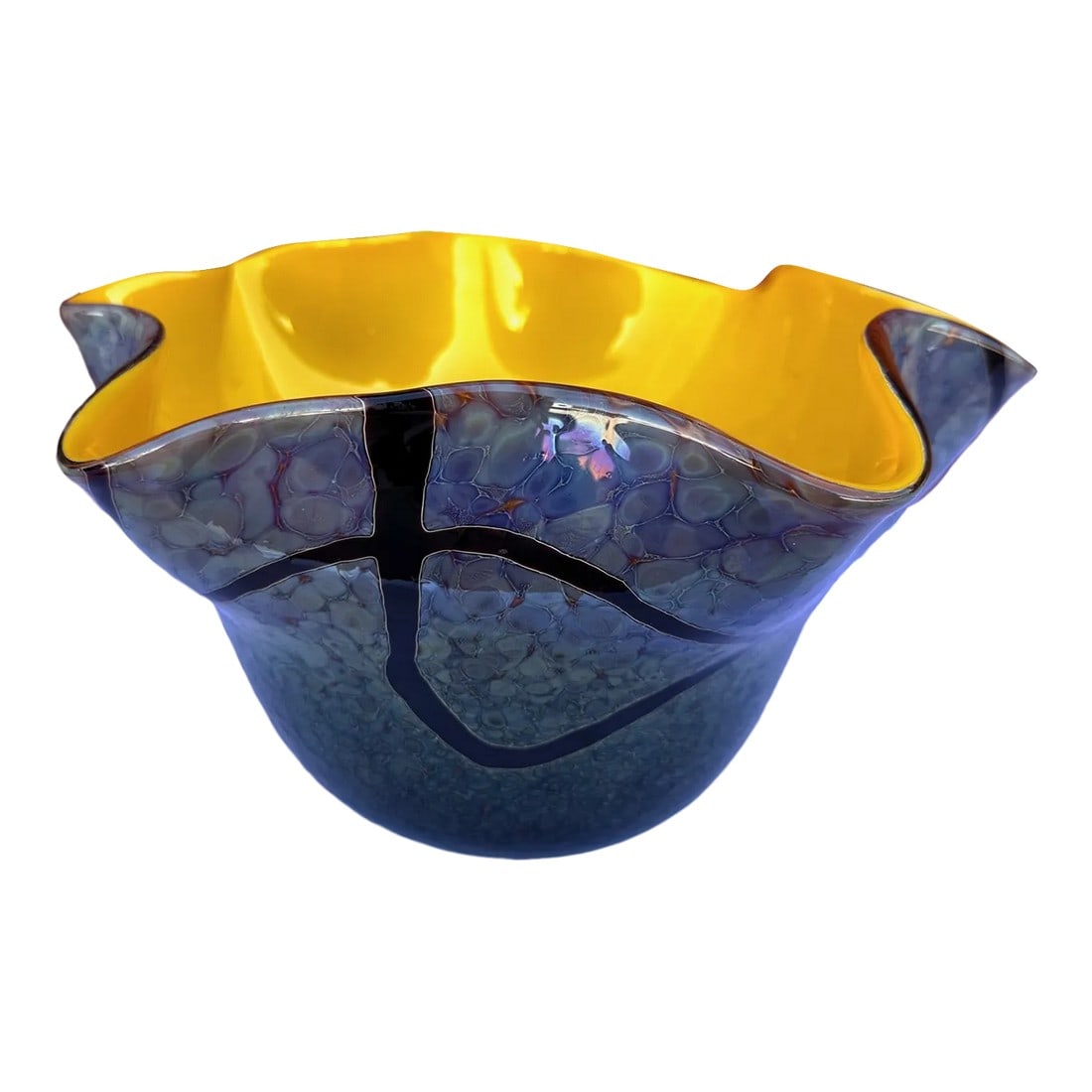 Decorative Blown Glass Bowl: Beautiful Glass Blown Bowl in Bright Yellow inside with multi-color outside. When the light hits the bowl you can see so many colors. Signed on bottom Russell 11in w x 6.75in h Make sure to follow