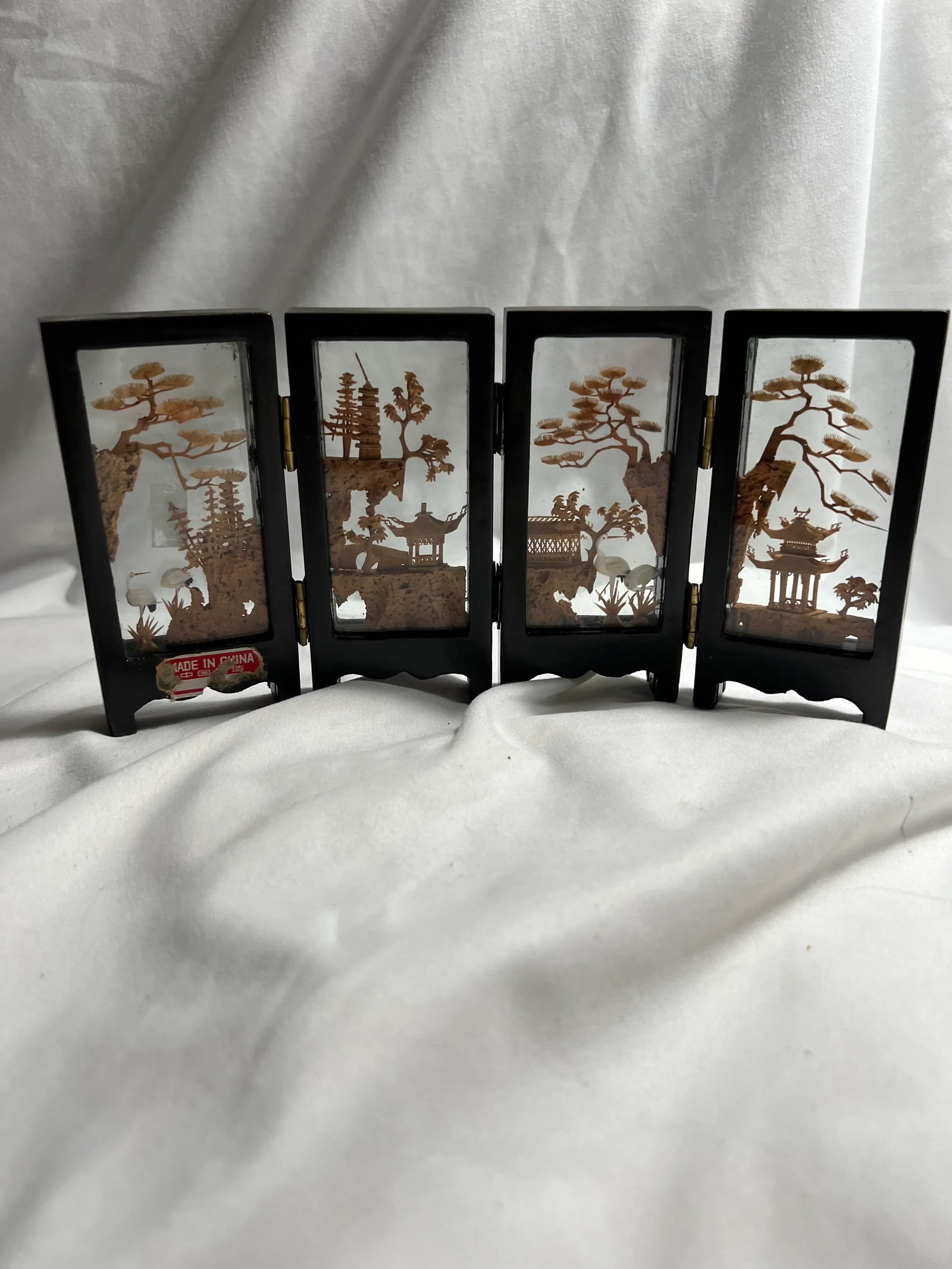 Chinoiserie Mini Folding Screen Cork Sculpture Asian Design - 3