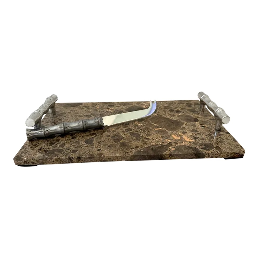 Atticus Marble Cheese Board W/Knife Set: Atticus Marble and Chrome Cheese Board w/Knife. Has a faux bamboo chrome handles and brown tones in marble. Perfect for 2 people. 12in w x 8in d x 2in h to handles Make sure to follow me, I have