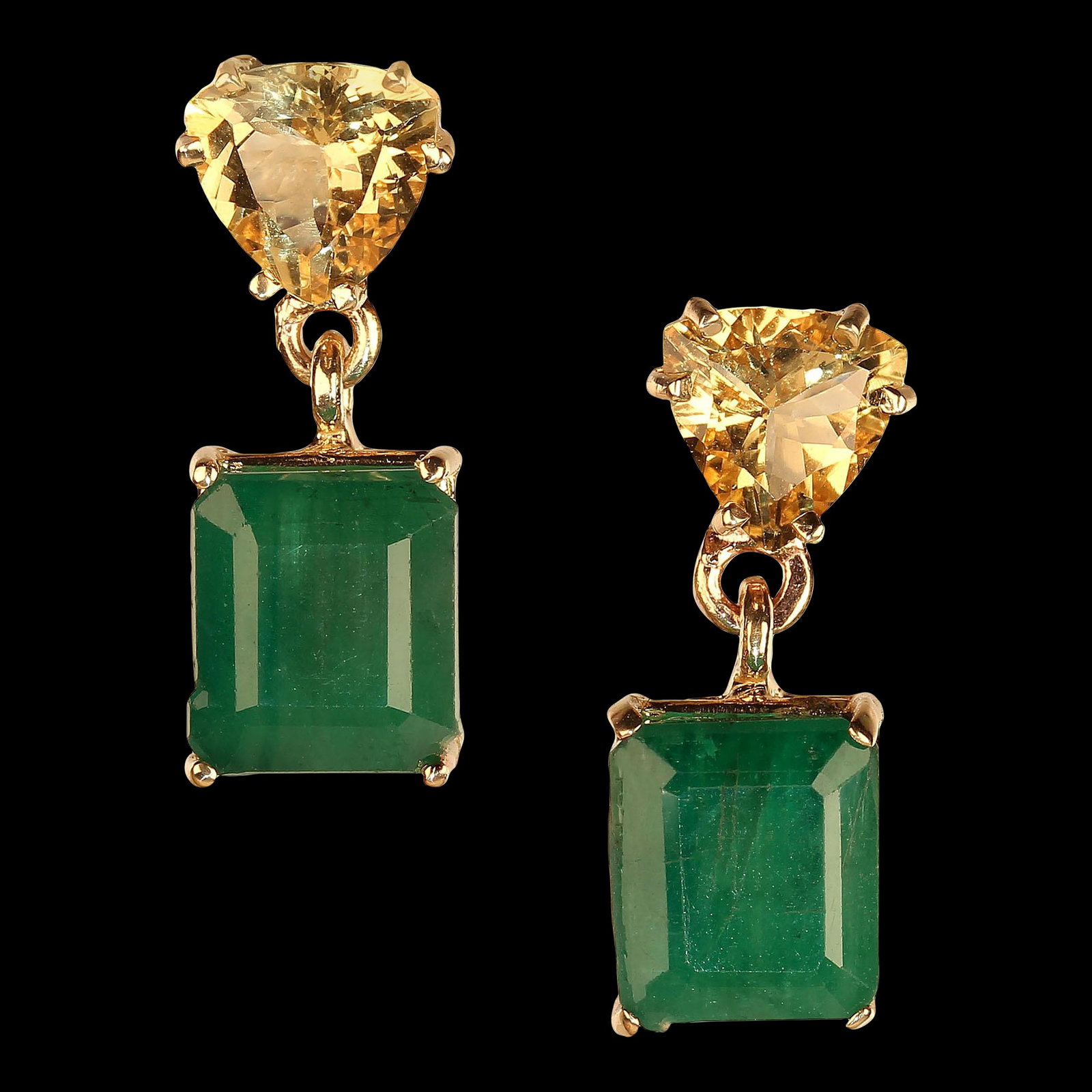 AJD Bold Emerald and Golden Beryl Dangle Earrings in 14k Yellow Gold - 2 Pieces: This is part of Chairish's Fine Jewelry assortment. Another pair of unique earrings from the Aria Collection. 10 Carats of green, green Emeralds dangling from sparkling gold, gold golden Beryls make