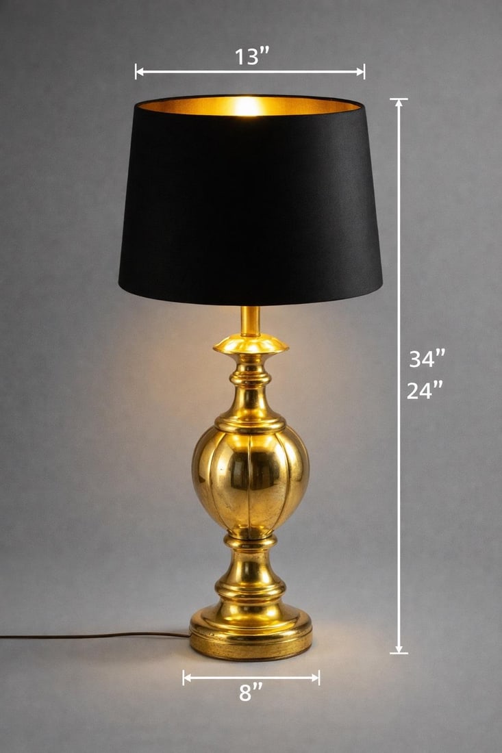 Vintage Hollywood Regency Brass Urn Table Lamp With Black Drum Shade & Gold Interior – 34" - 2