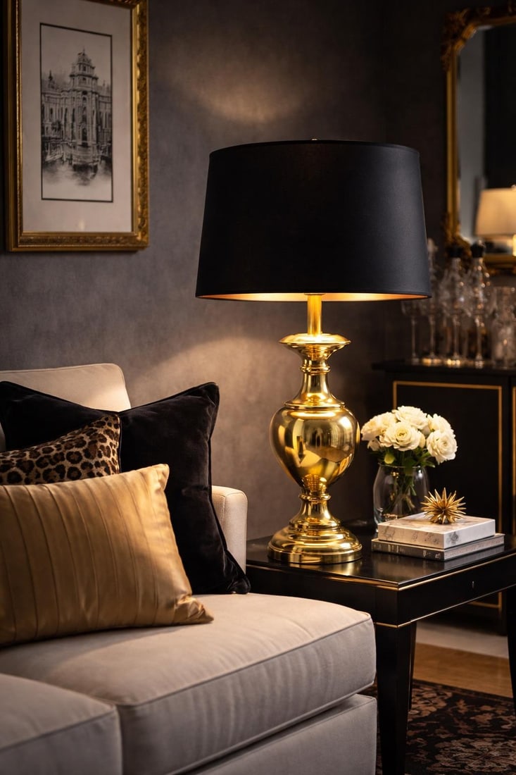 Vintage Hollywood Regency Brass Urn Table Lamp With Black Drum Shade & Gold Interior – 34" - 5