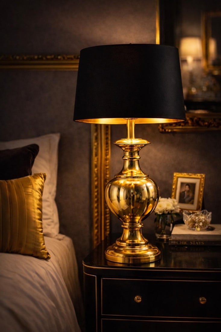 Vintage Hollywood Regency Brass Urn Table Lamp With Black Drum Shade & Gold Interior – 34" - 6