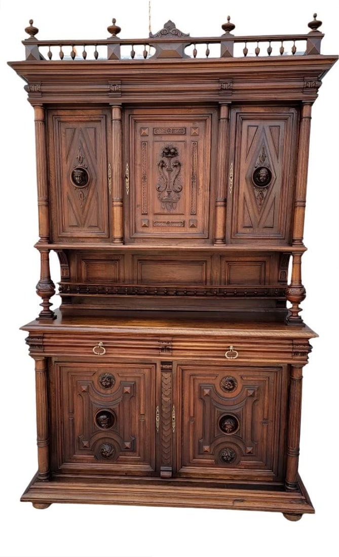 Antique French Gothic Figural Carved Chateau Sideboard Cabinet - 2