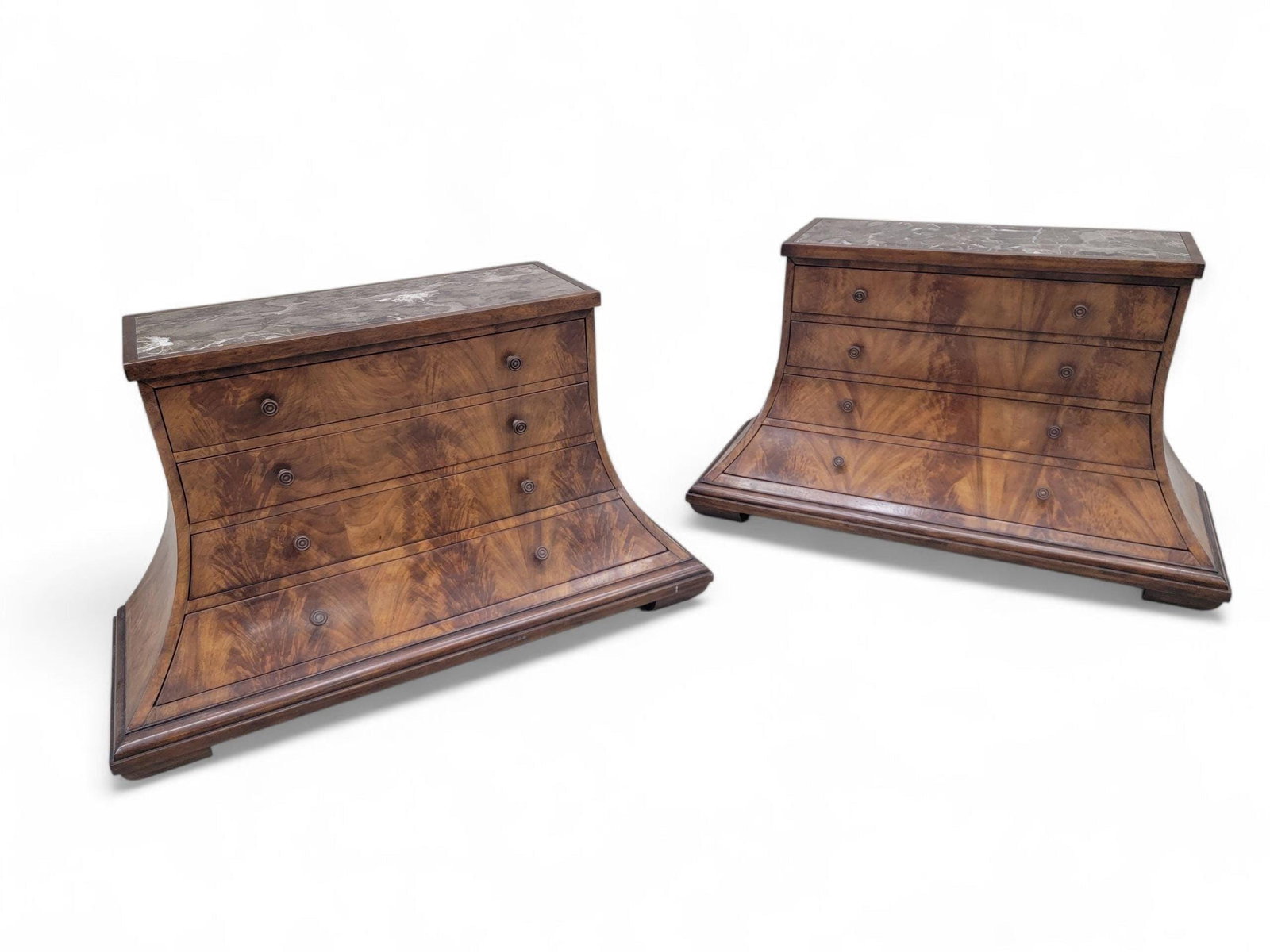 Vintage Arched Burl Dressers Monarch Furniture for Century - Set of 2: Title: Vintage Arched Burl Dressers Monarch Furniture for Century - Set of 2 Description: Vintage Set of Beautifully Crafted Arched Burl Walnut 4 Drawer Marble Top Monarch Dressers for Century