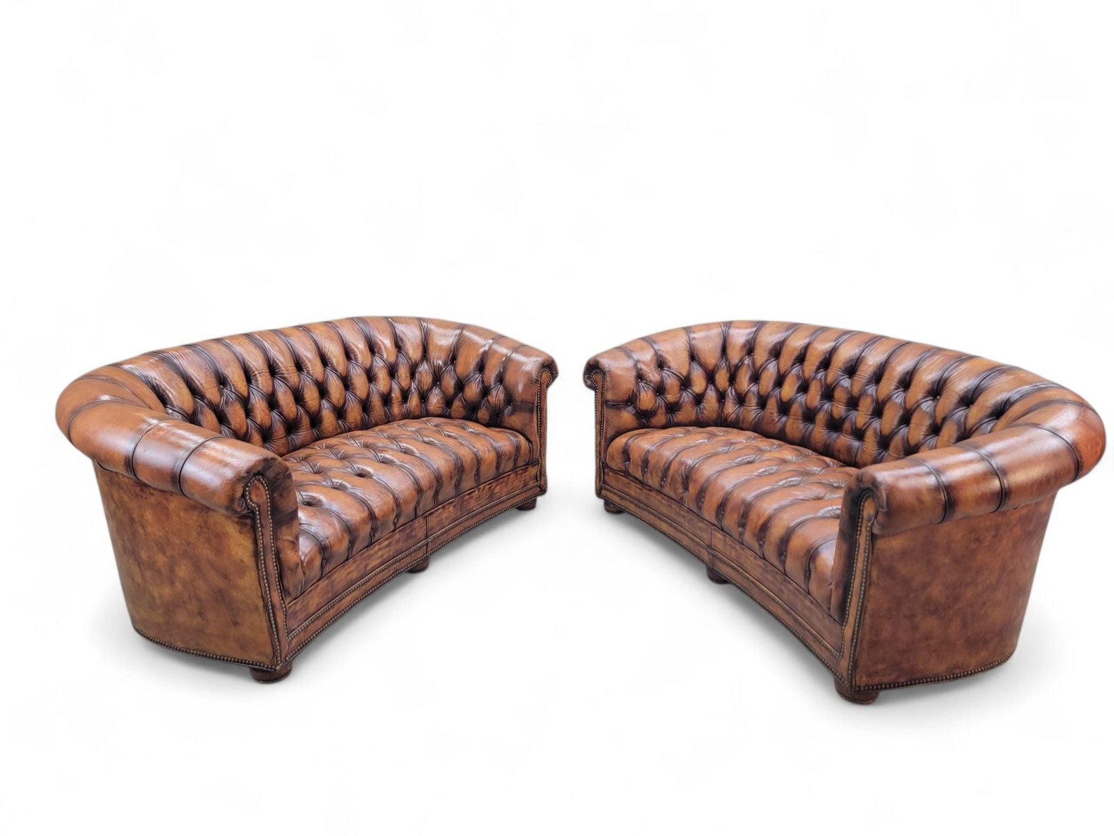 Vintage English Tufted Distressed Cognac Leather Chesterfield Sofa - Pair - 3